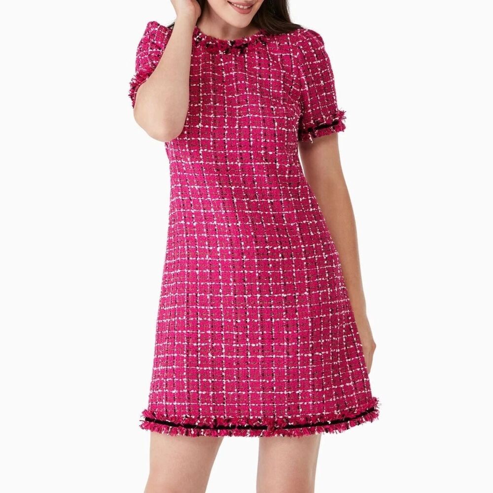 Kate Spade Size 2 NWOT Festive Tweed Mini Shift Dress Magenta Pink Fringe K9841